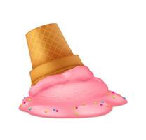 Illustration of an overturned pink ice cream cone with colorful sprinkles melting on a white surface. The waffle cone is partially embedded in the melted ice cream. vector