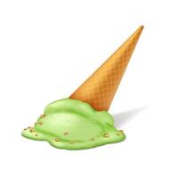 Illustration of a fallen ice cream cone with green ice cream melting on a clean white surface. The cone lays at an angle, adding a sense of realism. vector
