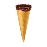 Illustration of a waffle cone dipped in chocolate with colorful sprinkles on a white background. Cone features a textured pattern and a glossy chocolate coating, often used for ice cream or desserts. vector