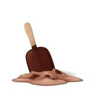 Digital artwork of a melting chocolate ice cream bar with a wooden stick lying on white surface. Detail captures the creamy texture and rich color of the melted treat, emphasizing summer and sweetness vector