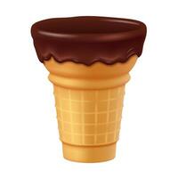 Realistic illustration of an ice cream cone with a smooth, rich chocolate topping. The waffle cone adds a classic touch, enhancing the dessert appeal. vector