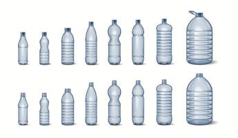 Assorted empty plastic bottles of various shapes and sizes arranged in two rows. Each bottle has a distinct design and volume capacity, emphasizing environmental awareness. vector