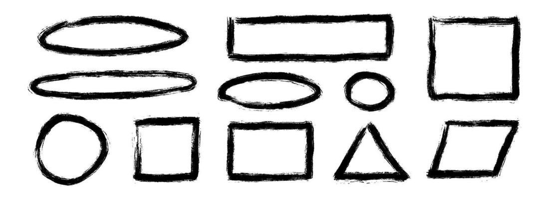 Black charcoal geometric frame set. Rectangle, triangle and circle paintbrush border collection. Rough sketched elements for diagram, highlight, underline, emphasis. Scribbled crayon form pack