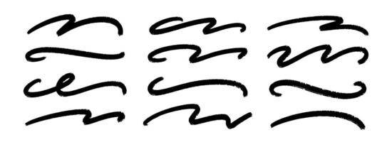 Wave paint line set. Squiggle sketch brush stroke collection. Rough charcoal curved flourish pack for highlight, underline, emphasis. Hand drawn crayon chalk strips. Black swoosh stripe bundle. vector