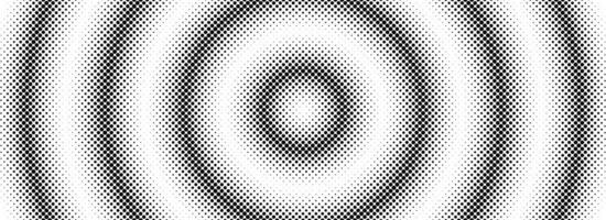 Halftone circle background. Black and white dotted circular gradient. Radial comic target texture. Fading dot epicenter wallpaper concept. Grunge rough round pop art backdrop vector
