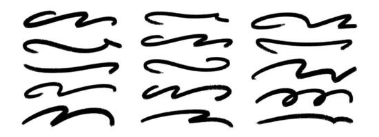 Wave paint line set. Squiggle sketch brush stroke collection. Rough charcoal curved flourishes for highlight, underline, emphasis. Hand drawn crayon chalk strips. Black swoosh stripe bundle vector