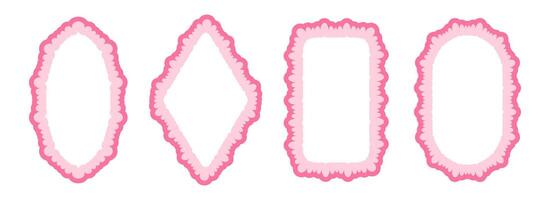 Cute frill pattern frame set. Pink scalloped ellipse and rectangle border collection. Wavy lace edge shape in rococo style for decoration, poster, banner. Girly coquette element pack. vector