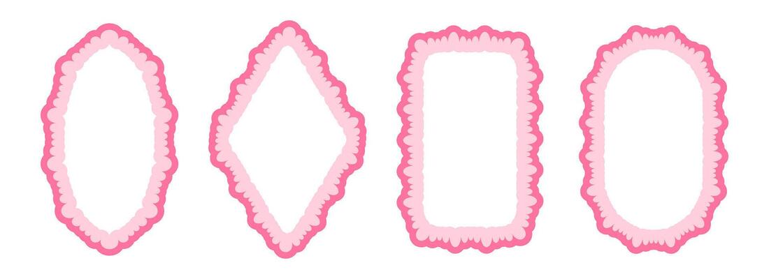 Cute frill pattern frame set. Pink scalloped ellipse and rectangle border collection. Wavy lace edge shape in rococo style for decoration, poster, banner. Girly coquette element pack.