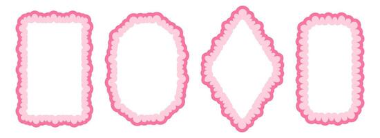 Cute frill pattern frame set. Pink scalloped ellipse and rectangle border collection. Wavy lace edge shape in rococo style for decoration, poster, banner. Wiggly coquette element pack vector