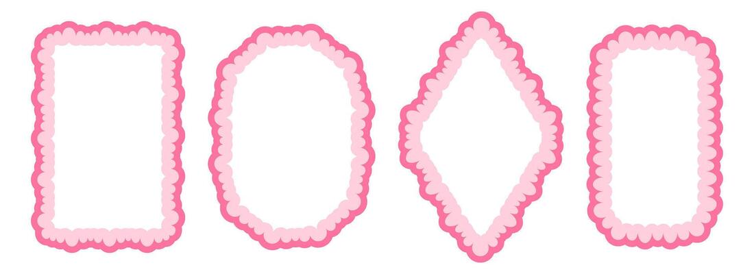 Cute frill pattern frame set. Pink scalloped ellipse and rectangle border collection. Wavy lace edge shape in rococo style for decoration, poster, banner. Wiggly coquette element pack