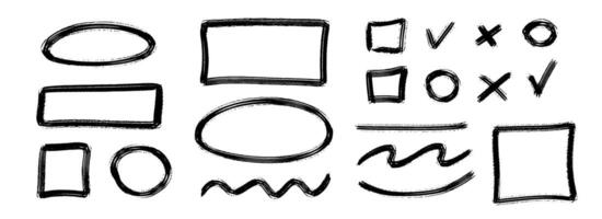 Black charcoal geometric frame and element set. Rectangle and circle paintbrush border collection. Rough sketched elements for highlight, underline, emphasis. Scribbled crayon form pack vector