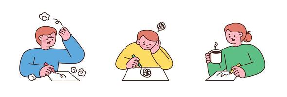 Cute flat style illustrations of struggling artists with creative block. People thinking hard, feeling stuck, and drinking coffee while writing or drawing. vector