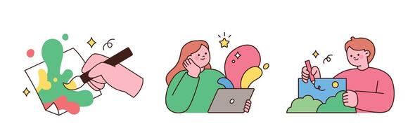 Cute flat style illustrations of people creating art with paint, tablet, and pen. Colorful and creative design for art and education themes. vector