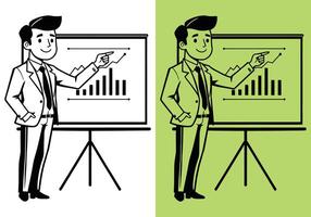 Illustration of a businessman presenting data on a chart board, ideal for infographics, analytics, financial growth, and corporate training materials. Representing data analysis and chart growth vector
