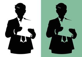 Illustration of professional man in a suit holding important documents, ideal for themes like contract signing, official paperwork, or corporate announcement visuals. Illustration of presenting paper vector
