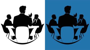 Illustration of a team in a business meeting around a table, ideal for visuals representing collaboration, strategic planning, and professional teamwork in the office vector