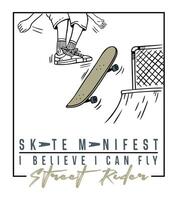 Illustration in simple lines of a skateboarder doing a trick on a ramp. Art for printing on t-shirts, decoration, etc. vector