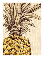 Close-up pineapple illustration. Artwork with text in the background. vector
