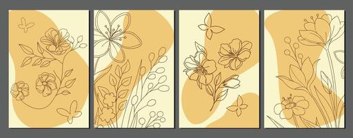collection of floral outline with soft cream background, floral outline minimalist assets vector