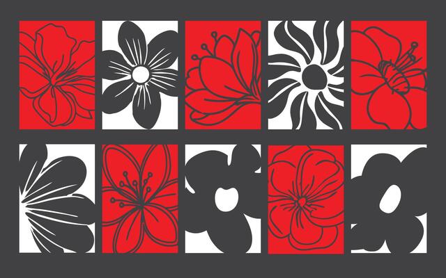 collection of flower silhouette assets, set of red and white floral illustration