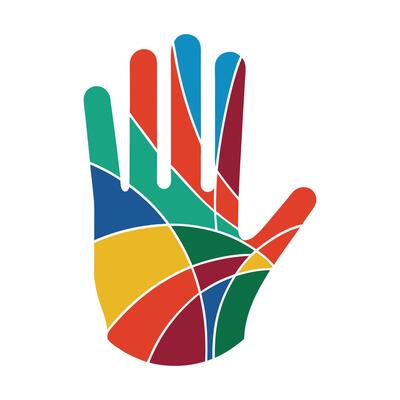 Vibrantly Segmented Mosaic Hand with Geometric Patterns and White Lines