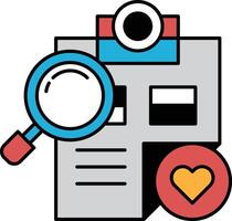 A magnifying glass is on top of a piece of paper with a heart and a camera vector