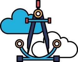 A blue and white drawing of a compass with a cloud in the background vector
