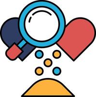 A close up of a magnifying glass with a heart and a pile of coins vector