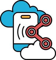 A phone with a red and blue design with a cloud in the background vector