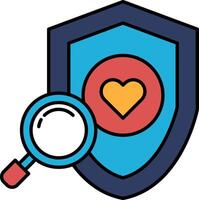 A blue shield with a magnifying glass on it and a heart in the middle vector