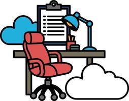 A red chair sits in front of a desk with a blue lamp and a clipboard vector