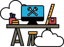 A computer desk with a computer monitor and a ruler vector