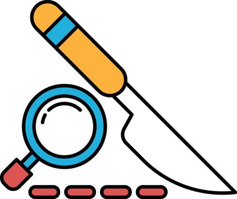 A knife and magnifying glass are drawn together in a cartoon style