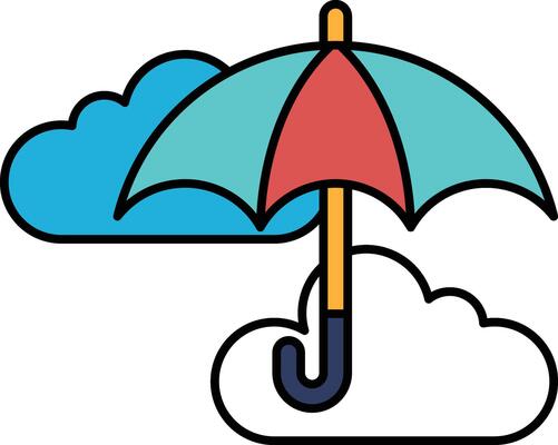 A blue and red umbrella is shown over a cloudy sky