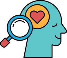 A blue head with a magnifying glass and a heart in the middle vector