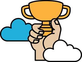 A hand holding a trophy with clouds in the background vector