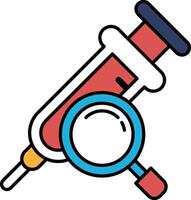 A red syringe with a magnifying glass on top of it vector