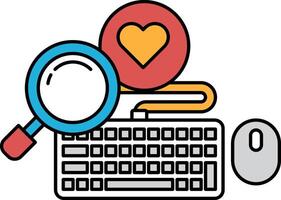 A keyboard and mouse are shown with a magnifying glass and a heart vector