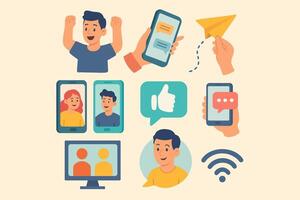 Colorful cartoon style icons for texting, chats, internet connection and digital interaction. vector
