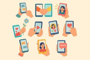 Cartoon hands holding smartphones with messages, calls, likes, and online connection symbols. vector
