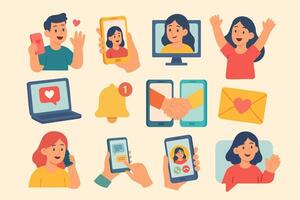 Cartoon flat icon set with calls, texting, notifications, and online connection between people. vector