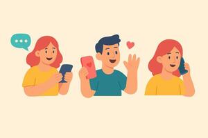 Cartoon people using smartphones for chatting, calling and sending hearts in online conversations. vector