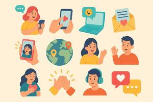 Bright cartoon flat icons for chatting, location sharing, calls, and emotional digital messages. vector