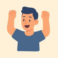 Flat of smiling boy with raised arms, expressing joy, celebration, success, or motivation. vector