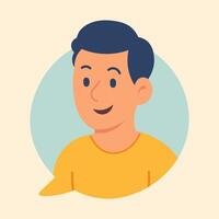Flat of smiling boy inside chat bubble, symbolizing online conversation, profile, and user contact. vector