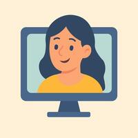 Flat of smiling girl on monitor, symbolizing friendly online communication and virtual connection. vector
