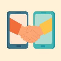 Flat of handshake through smartphones, symbolizing digital agreement, partnership, and online communication. vector
