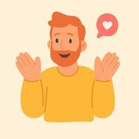 Flat of cheerful bearded man with raised hands and heart bubble, showing friendliness and care. vector