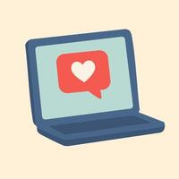 Flat of laptop screen with heart chat bubble, symbolizing online affection, care, and connection. vector