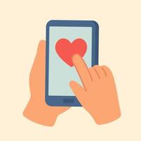Flat of hand tapping heart on phone screen, symbolizing online like, support, and emotional reaction. vector